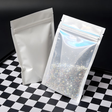 Plastic sachet bag mockup on checkered background.の素材