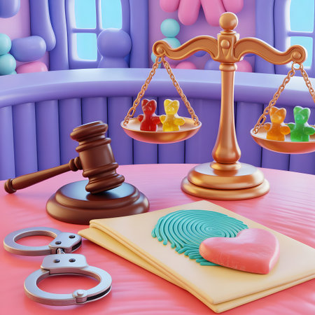 Gavel, scales of justice, handcuffs and pink heart on the bedの素材