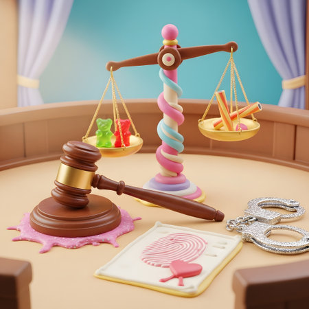 3d illustration of gavel and scale on table in children roomの素材