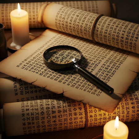 Old book, magnifying glass and candles on wooden table, closeupの素材