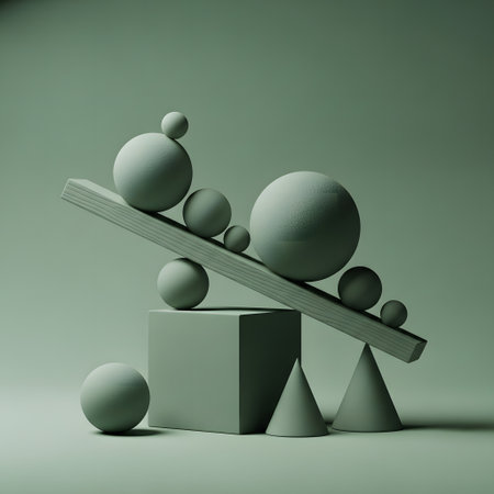 3d render of abstract geometric composition with podiums and balls.の素材