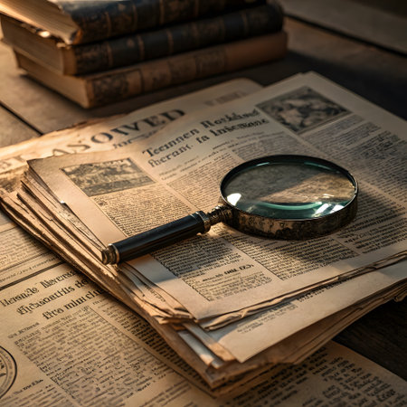 Magnifying glass and old books on a wooden table. Vintage style.の素材