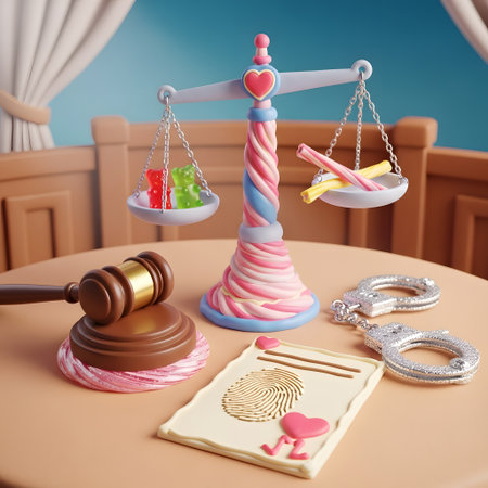 Gavel, scales of justice and handcuffs. 3d illustration.の素材