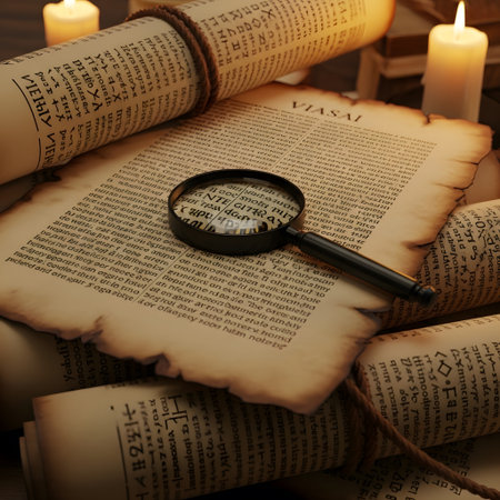 Old books and magnifying glass on wooden table, soft focus backgroundの素材