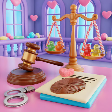 Judge's gavel, books, candies, scales of justice and hearts on a pink backgroundの素材