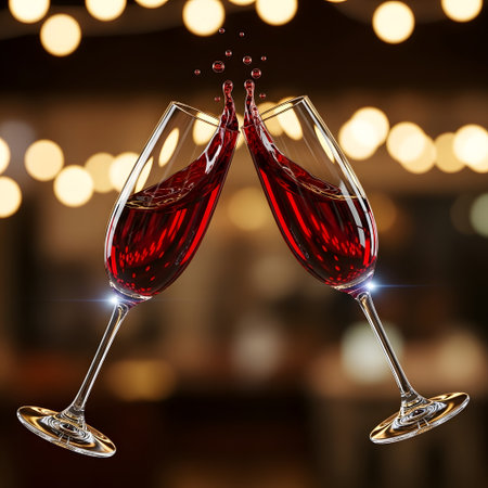 Two glasses of red wine on bokeh background, celebration conceptの素材