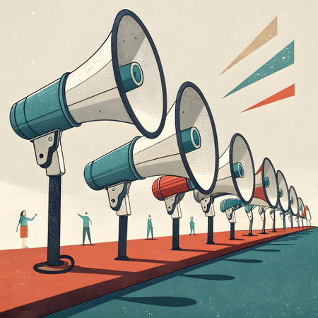 Megaphone. The crowd of people standing on the road. Vector illustration.の素材