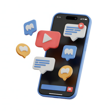 Smartphone with social media icons isolated on white background. 3D rendering.の素材