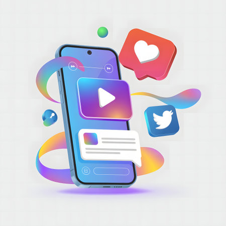 Smartphone with social media icons on the screen. Vector illustration.の素材