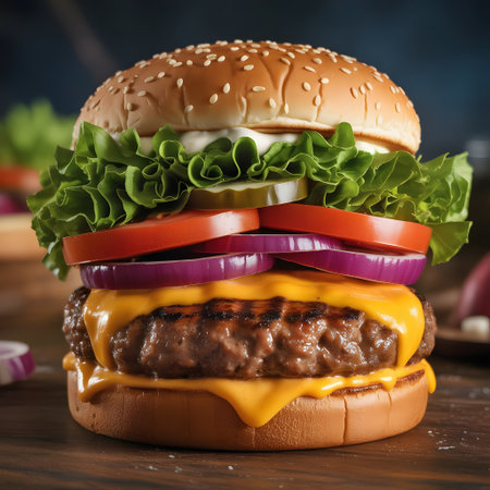 Cheese burger - American cheese burger with fresh vegetables on wooden backgroundの素材