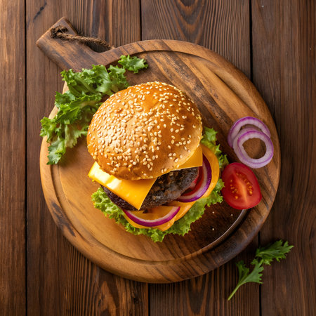 Cheese burger - American cheese burger with fresh salad on wooden backgroundの素材