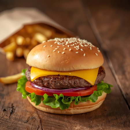 Cheese burger - American cheese burger with Golden French fries on wooden backgroundの素材