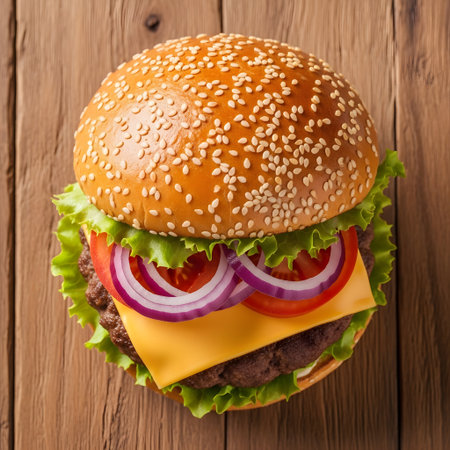 Hamburger on wooden background. Top view. Close-up.の素材