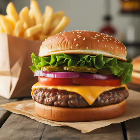 Cheese burger - American cheese burger with Golden French fries on wooden backgroundの素材
