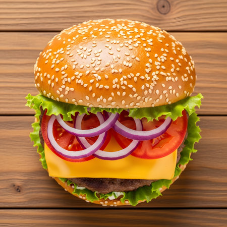 Hamburger on wooden background. Top view. Copy space.の素材