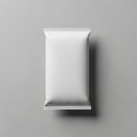 Blank foil snack bag mockup isolated on grey background. 3d renderingの素材