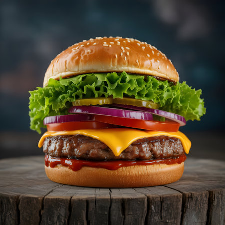 Cheeseburger on a wooden background. Close-up.の素材