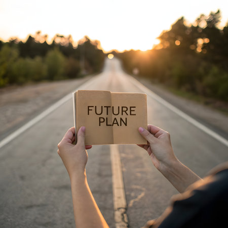 Woman holding a cardboard box with future plan text on the road backgroundの素材