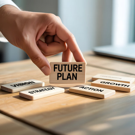Future plan words on wooden cubes. Business and finance conceptual image.の素材