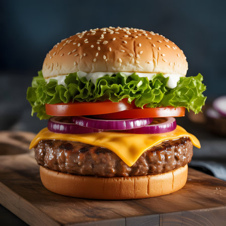 Cheese burger - American cheese burger with fresh salad, tomato and onionの素材