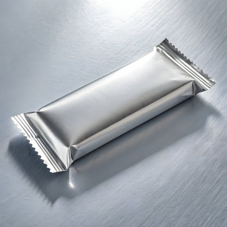 3d render of aluminum foil snack bag on metallic background with shadowの素材