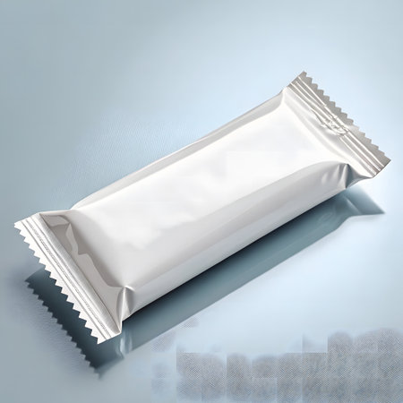 3d render of a white blank sachet on a blue backgroundの素材