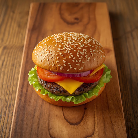 Close up of cheeseburger on wooden cutting board with copy spaceの素材
