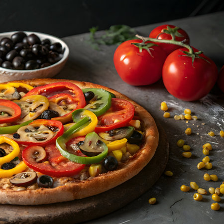 Pizza with olives, tomatoes and peppers on a dark backgroundの素材