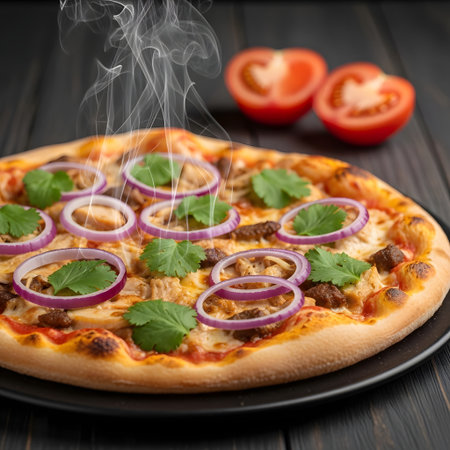 Pizza with meat, mushrooms and onion on a black wooden backgroundの素材