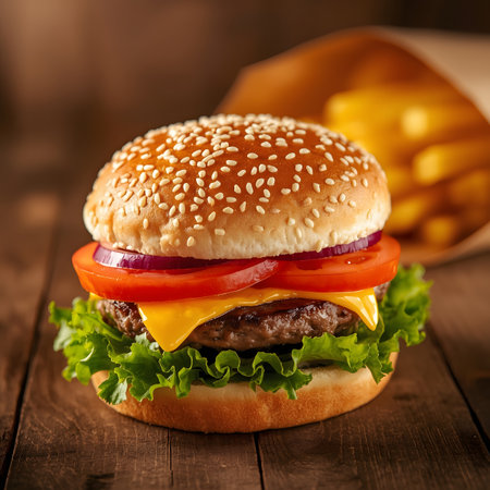 Cheese burger - American cheese burger with fresh salad tomato and onionの素材