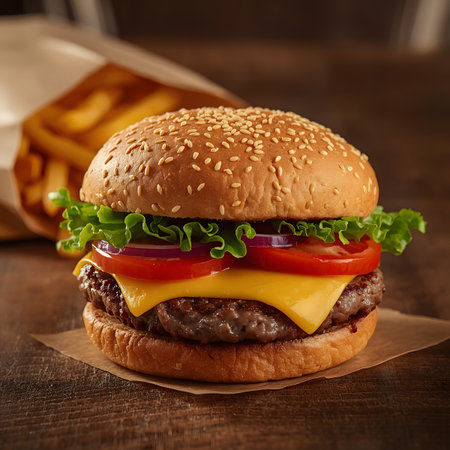 Cheese burger - American cheese burger with Golden French fries on wooden backgroundの素材