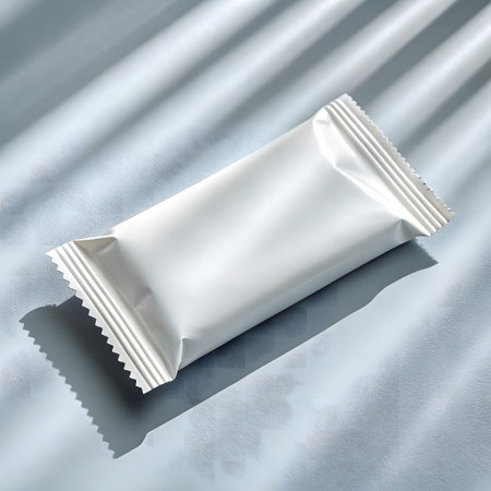 3d render of a white plastic snack bag on a blue backgroundの素材