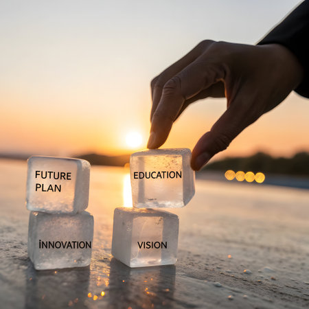 Close up hand holding ice cube with sunset background. Concept of financial success.の素材