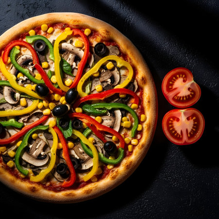 Pizza with mushrooms, pepper, olives and corn on black backgroundの素材