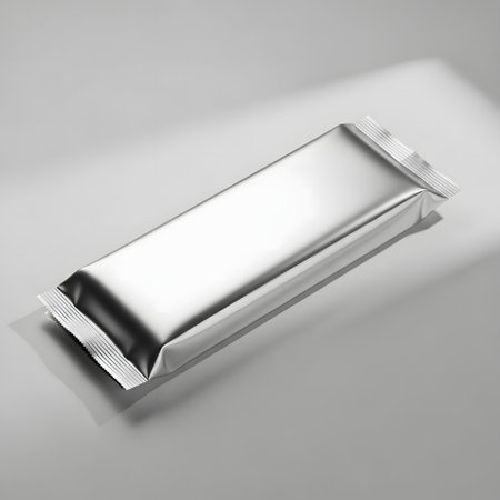 Blank aluminum foil snack bag on gray background. 3d renderingの素材