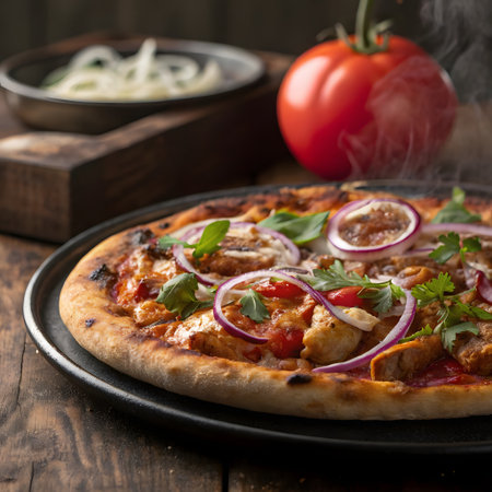 Pizza with chicken, tomato and onion on a dark wooden backgroundの素材