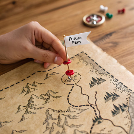 Travel Adventure Destination Journey Trip Concept. Closeup of a woman's hand holding a red pin on a mapの素材