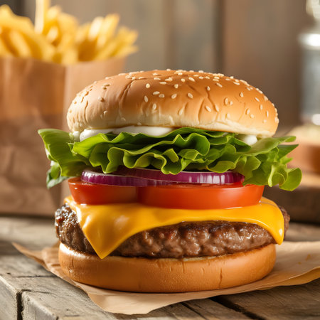 Cheese burger - American cheese burger with Golden French fries on wooden backgroundの素材