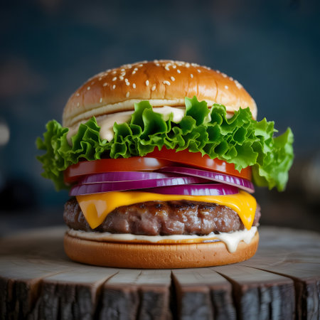 Cheeseburger with fresh vegetables on wooden background. Toned.の素材