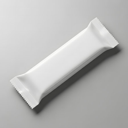 Blank white plastic sachet package isolated on grey background. 3d renderingの素材