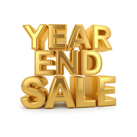 Golden text year end sale on white background. 3D rendering.の素材
