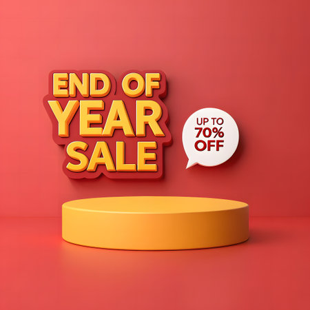 End of year sale poster with podium on red background. 3D renderingの素材