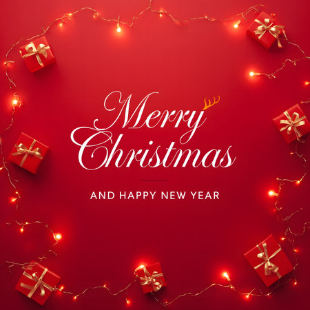 Merry Christmas and Happy New Year greeting card. Xmas lights on red background. Vector illustration.の素材