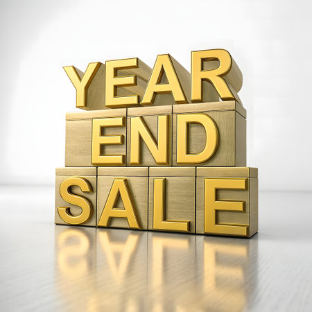 3D Rendering Golden text on wood cube with word year end saleの素材