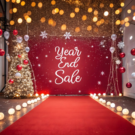 Christmas sale banner with red carpet and christmas tree in the roomの素材