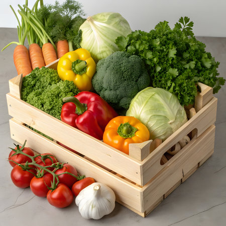 Wooden box full of fresh organic vegetablesle background. Healthy food conceptの素材