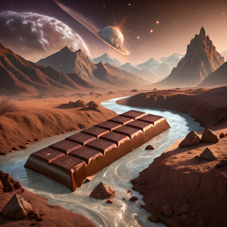 3D Illustration of a Fantasy Landscape with a Chocolate Barの素材