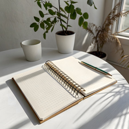 Notebook and pen on a white table with a plant in the backgroundの素材