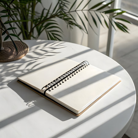 Notebook on white table with shadow of palm leaves. Mock upの素材