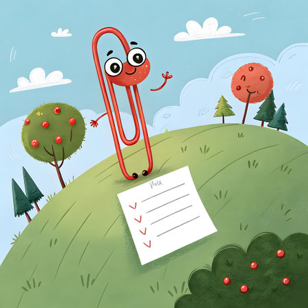 Cute cartoon paperclip on the green hill. Vector illustration.の素材